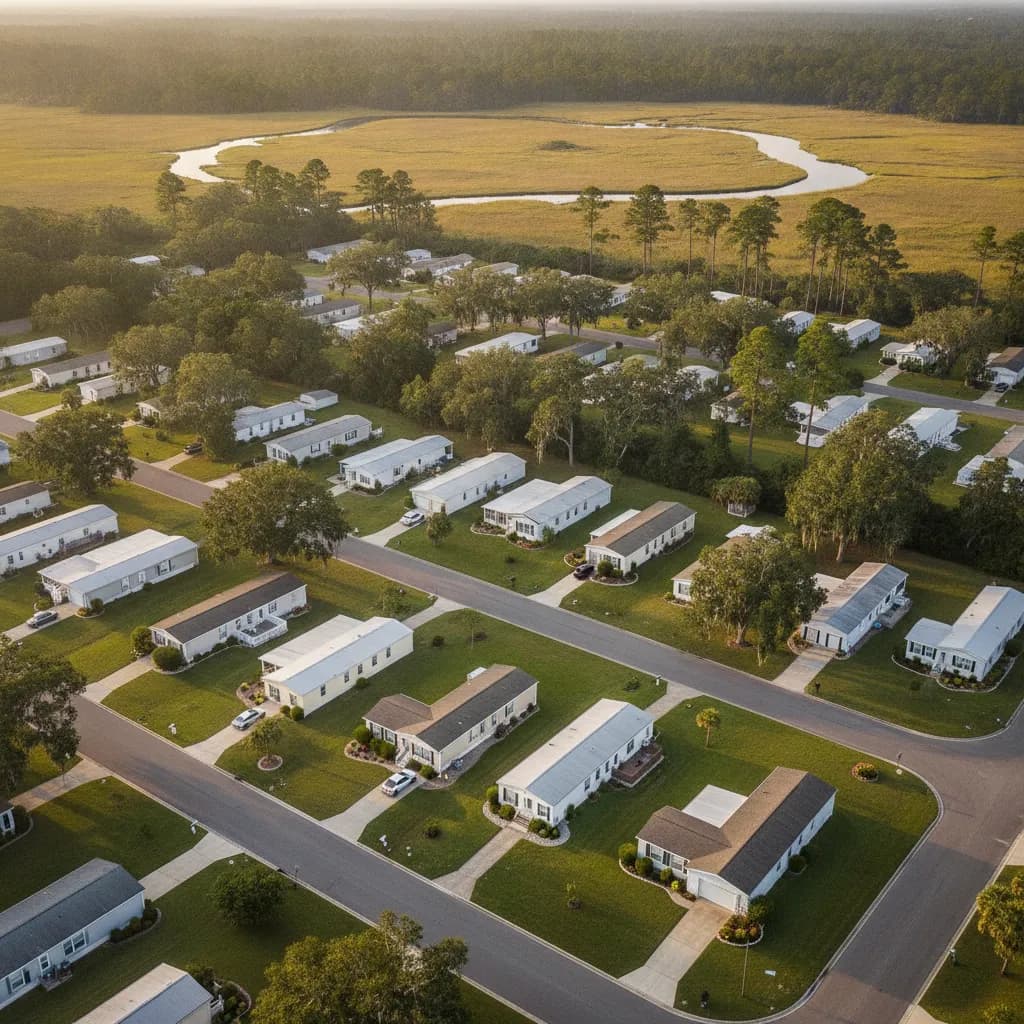 Aerial view flying over a South Carolina Lowcountry mobile home community at golden hour, with tidal marsh and pines beyond